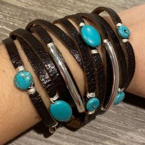 Leather and turquoise wrap around bracelet